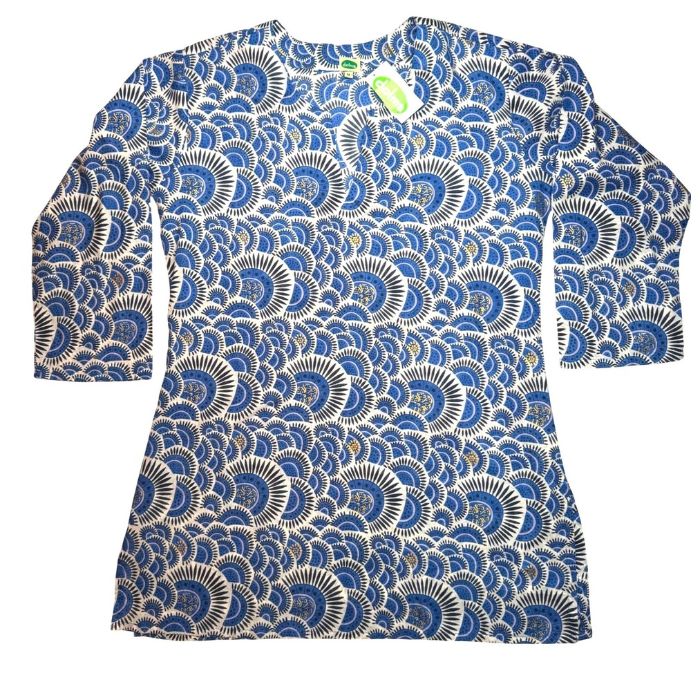 Dolma Blue White Fan Print Cotton Tunic Top M Split Neck 3/4 Sleeve NWT Medium